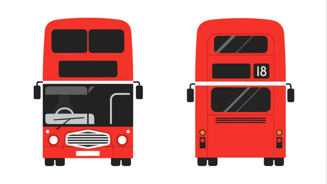 Flat vector illustration of a red double-decker bus, front and rear views, on white background