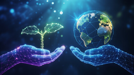 Futuristic wireframe hands gently holding a glowing plant sprout and a network connected Earth globe