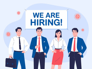 A colorful illustration of a group of professionals standing together with a 'We Are Hiring!' banner, highlighting teamwork, positivity, and growth opportunities in the job market.