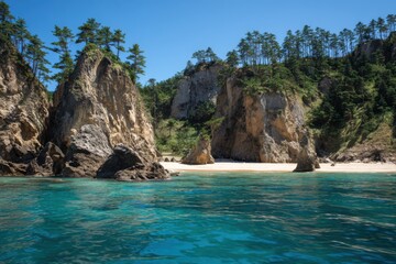 Coastal scene with rock formations and a beach