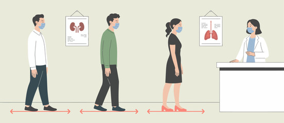 This clean illustration shows patients wearing masks while waiting in line at a healthcare clinic, emphasizing the importance of safety measures during health checks.