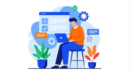 Efficient man using laptop for online task management and digital services, a modern flat vector illustration ideal for business workflow and productivity