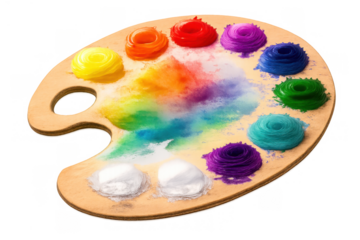 Wooden artist palette with vibrant paint colors creating a rainbow mixture, symbolizing creativity and artistic expression