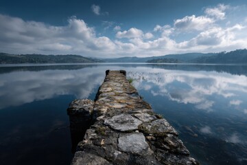 Calm lake with a stone pier reflecting the sky