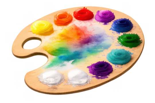Wooden artist palette with vibrant paint colors creating a rainbow mixture, symbolizing creativity and artistic expression - Powered by Adobe