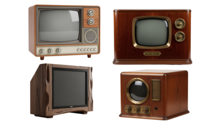 Four vintage television sets with different wood finishes. Each set features a unique design, showcasing classic aesthetics