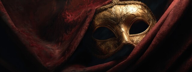 Ornate golden mask draped in crimson fabric (1)