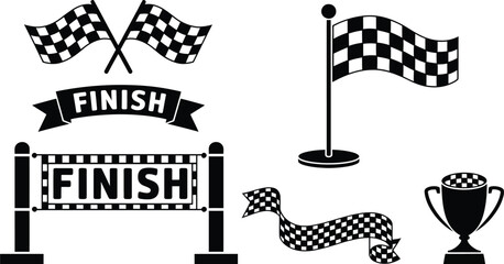 racing finish line check flags trophy vector illustration, a top ranked set featuring motorsport symbols, victory celebration elements, and dynamic vector design for racing, competition, and sport © Cynthia R. King