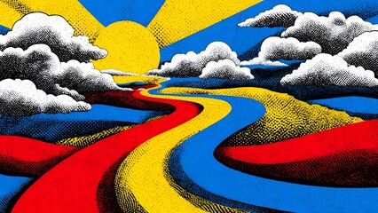 background pop art style illustration of multiple paths merging into one bright primary colors bold lines comic graphic look