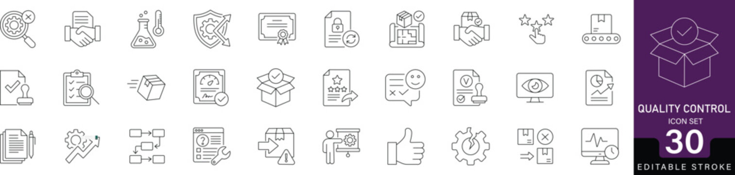 Quality control line icon set featuring assurance, standard, and inspection symbols. Perfect for business reports, manufacturing apps, and ISO certification branding.