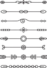 Obraz premium Nine distinct black line decorative dividers featuring leaves, flowers, and geometric shapes for text separation