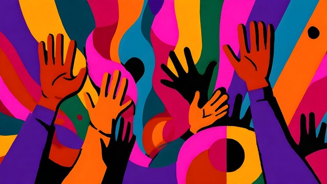 background pop art illustration of upward movement shapes and figures, vibrant gradients, bold comic outlines, optimistic social justice concept