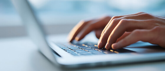 A close-up of a person's hands typing on the keyboard of an open laptop computer with blurred background elements suggesting outdoor scenery, possibly near water or in a park setting during