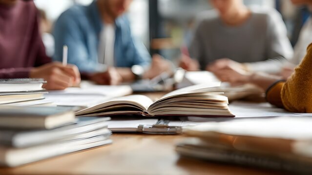 photorealistic HD photo of people studying together at table books and notebooks visible natural indoor lighting equal opportunity and education theme