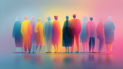 modern graphic illustration of diverse human silhouettes standing together flat design style soft gradient background, unity and equality concept no facial details