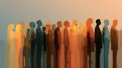 modern graphic illustration of diverse human silhouettes standing together flat design style soft gradient background, unity and equality concept no facial details