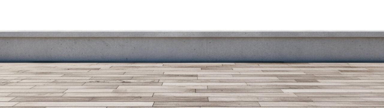 Horizontal Wooden Floor With Grey Concrete Wall features wide light brown timber planks laid side by side near rough cement parapet structure