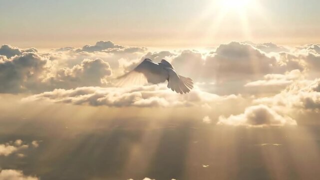 White Dove Flying Against Sunlit Clouds