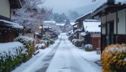 Gentle winter snowfall over Japanese neighborhood during Coming of Age Day season
