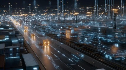 Massive futuristic logistics hub filled with autonomous vehicles transporting smart containers under glowing data streams, symbolizing global supply chain automation, AI logistics systems, and - Powered by Adobe