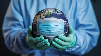 Hands in medical gloves holding a planet Earth globe wearing a blue protective surgical face mask