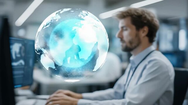 Modern high-tech office with data scientists examining holographic quantum models floating in air, symbolizing revolutionary data analysis, advanced algorithms, and futuristic teamwork. cinematic