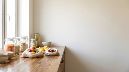 Sustainable Zero-Waste Kitchen Counter with Glass Jars and Fresh Fruit in Mesh Bags. Bright Minimalist Aesthetic for Eco-Conscious Living.