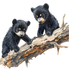 watercolor of Bear Cubs Climbing Playfully, isolated on a white background. © brixel