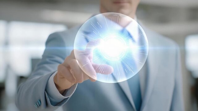 Scientist pointing at glowing holographic quantum computing diagram projected in office, symbolizing futuristic knowledge, data-driven innovation, and technological progress in analytics. cinematic