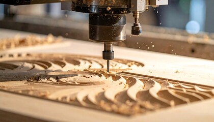 CNC Machine Carving Intricate Design into Wood Panel.