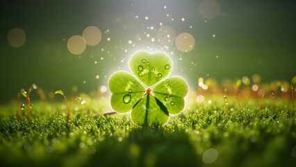 Ethereal Glowing Four-Leaf Clover on Moss