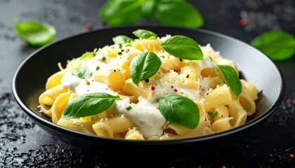 Delicious Creamy Pasta Dish with Fresh Basil and Parmesan Cheese.