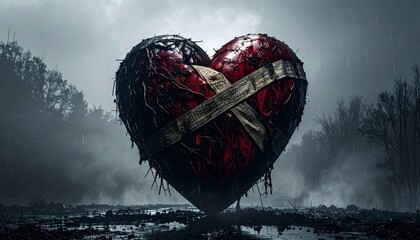 Abstract Vibrant Heart Oil Painting with Bandage for Emotional Healing Concept