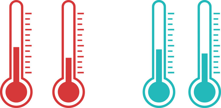 Red and teal thermometer icon set showing different temperature levels with measurement scales for heat cold fever weather and climate.