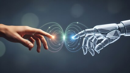 The future of interaction: human and robot connect through advanced digital technology.