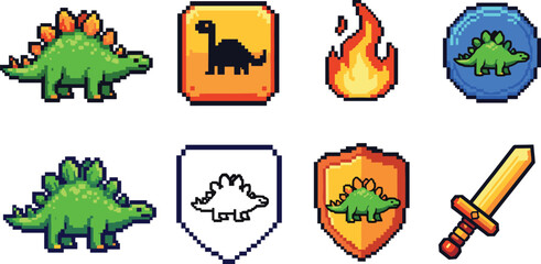 Pixel Art Dinosaur Game Icons Set with Stegosaurus, Fire Element, Shield, Sword, Badge, and Fantasy UI Symbols Vector © HazelQueen