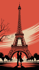 A silhouette of a couple embracing in front of the Eiffel Tower creates a romantic atmosphere, capturing the essence of love and the iconic beauty of Paris.