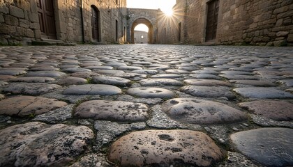Old Cobblestone Street Ancient Road Texture Ground Surface with low angle perspective and sunset sunburst for historical European city and tourism background