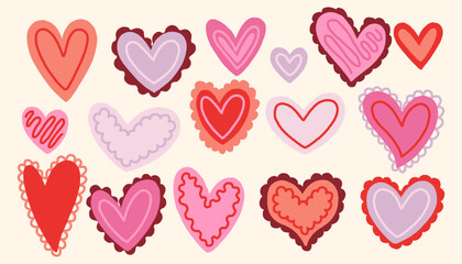 Whimsical puffy hearts in pink, red and lavender tones with soft decorative outlines. Cute playful Valentine vector set perfect for cards, stickers, crafts and romantic design projects