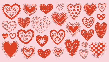 Set of hand drawn decorative hearts with bows, flowers and lace details in cute folk style. Whimsical romantic Valentine elements in red on soft pink background for cards, stickers and festive design