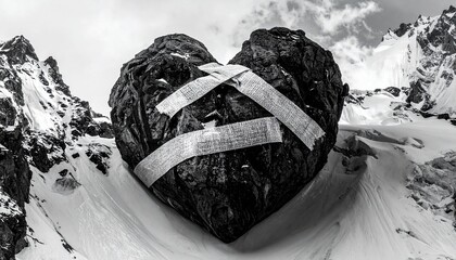 Majestic Black Stone Heart with Bandages in Snowy Mountain Landscape - Resilience Concept