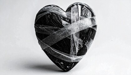 Glossy Black Heart Wrapped in Adhesive Tape Isolated on White Background - Emotional Healing Concept