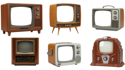 A collection of six retro television sets. Each features a different design, showcasing varying styles and ages. The screens are blank, awaiting content