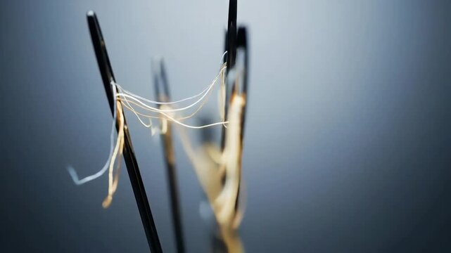 Close-up of several sewing needles threaded with light-colored thread against a blurred background.