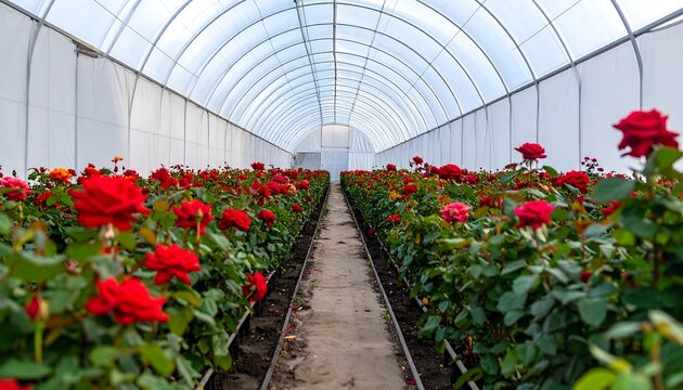 Rows of vibrant red roses growing in a large greenhouse under a clear roof.