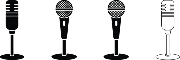 Fototapeta premium Professional microphone icon set featuring retro and modern studio condenser designs for podcasting recording broadcast audio equipment and music production.
