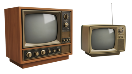 Two vintage televisions with wooden casings and analog controls, evoking nostalgia for past technology