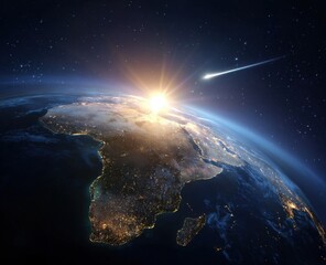 Earth rising, comet streaking across starry night