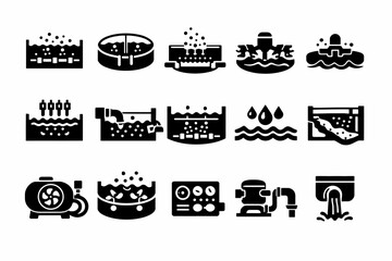 Black and white icons of water treatment process with various equipment and techniques