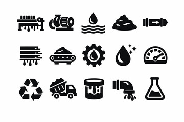 Industrial icons set: machinery, water, recycling, and waste management symbols